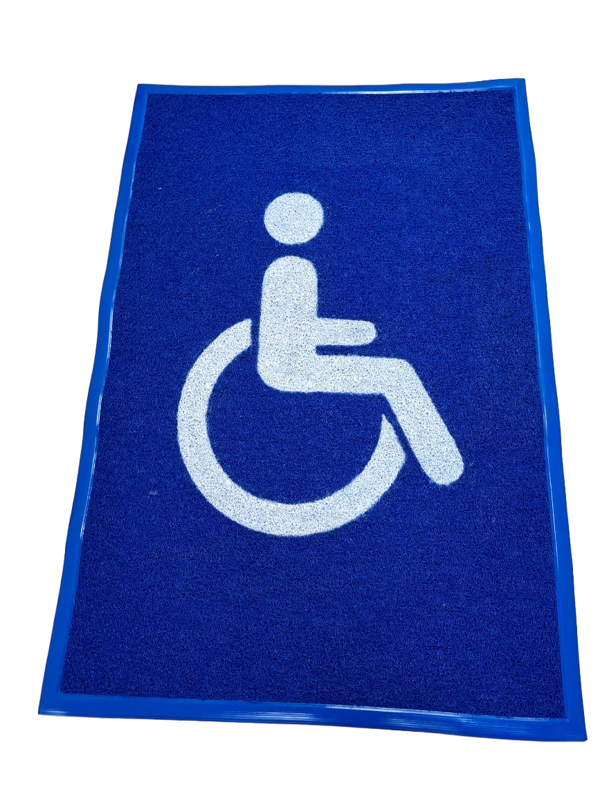 Tapete azul com o Símbolo Internacional de Acesso para aplicação sobre carpete