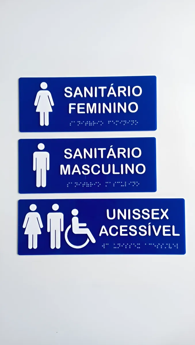 Placas em Braille para sanitários feminino, masculino e acessível