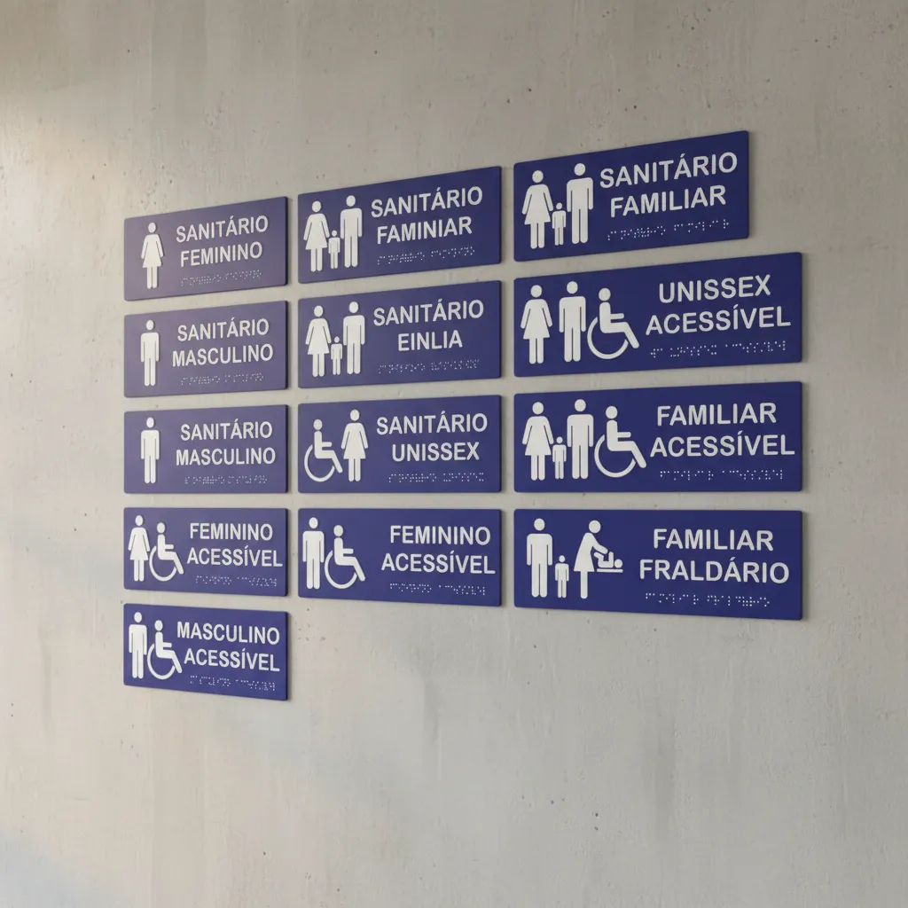 Diversos modelos personalizados de placas em Braille para banheiros
